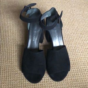 Stuart Weizmann suede block heel sandal.